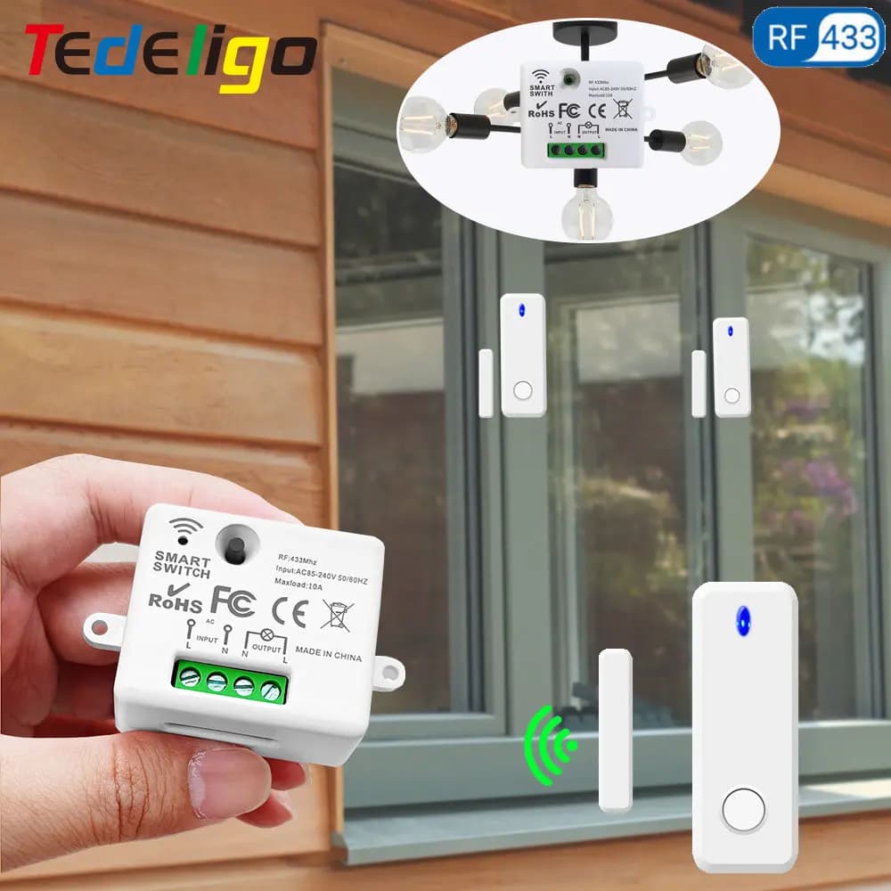 Tedeligo 433MHz interruttore sensore finestra porta interruttore luce Wireless, interruttore telecomando relè 110V 220V 10A per lampada domestica ON OFF