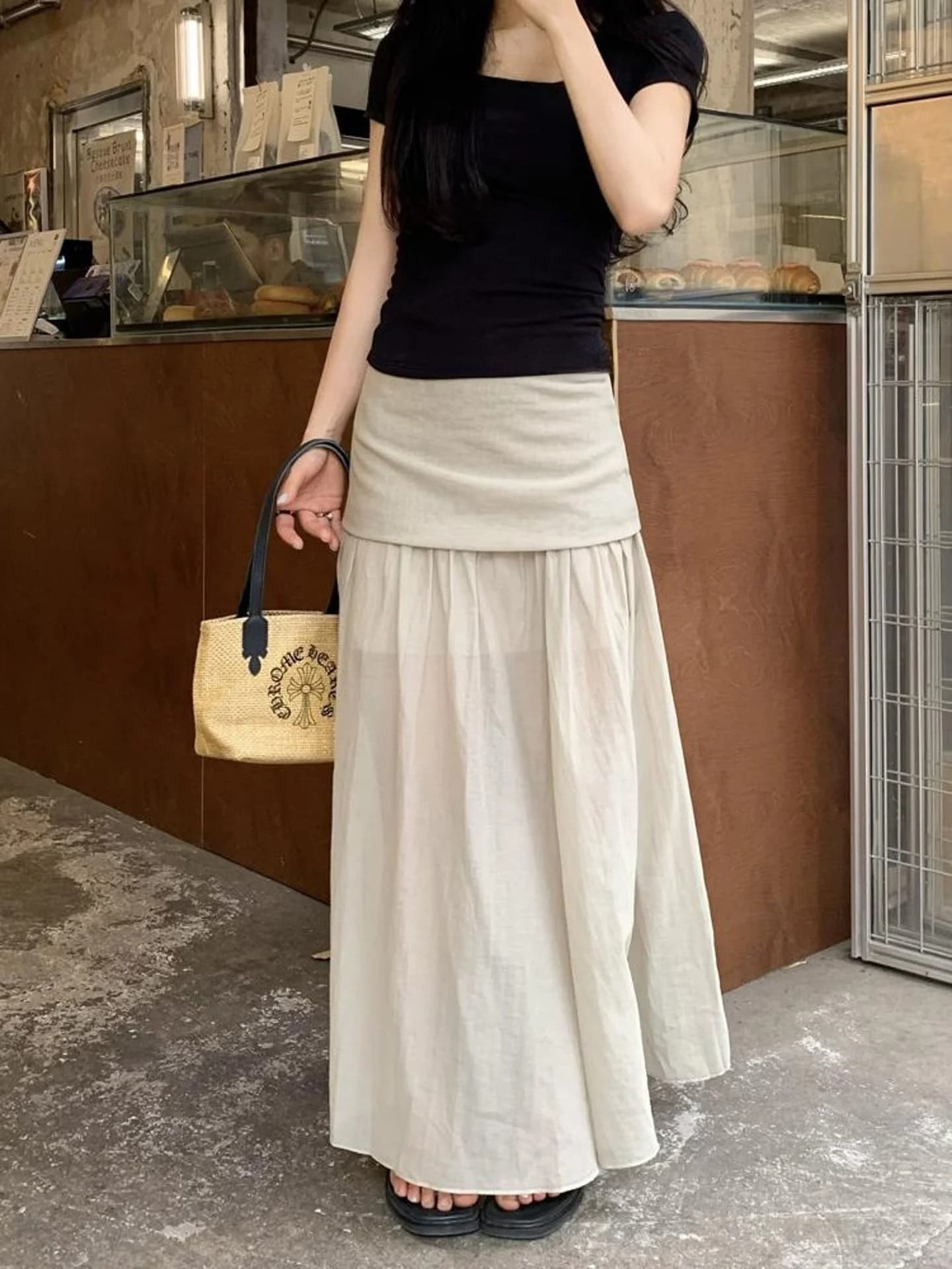 Korean Style High Waist A-Line Midi Skirt with Mesh Splicing Elegant Atmosphere Women's Long Skirts Summer New Arrival