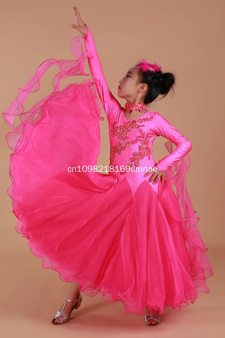 Rhinestone Girls Embroidery Pendulum Standard Ballroom Dance Dress Children Tango Flamenco Waltz Dance Competition Dress