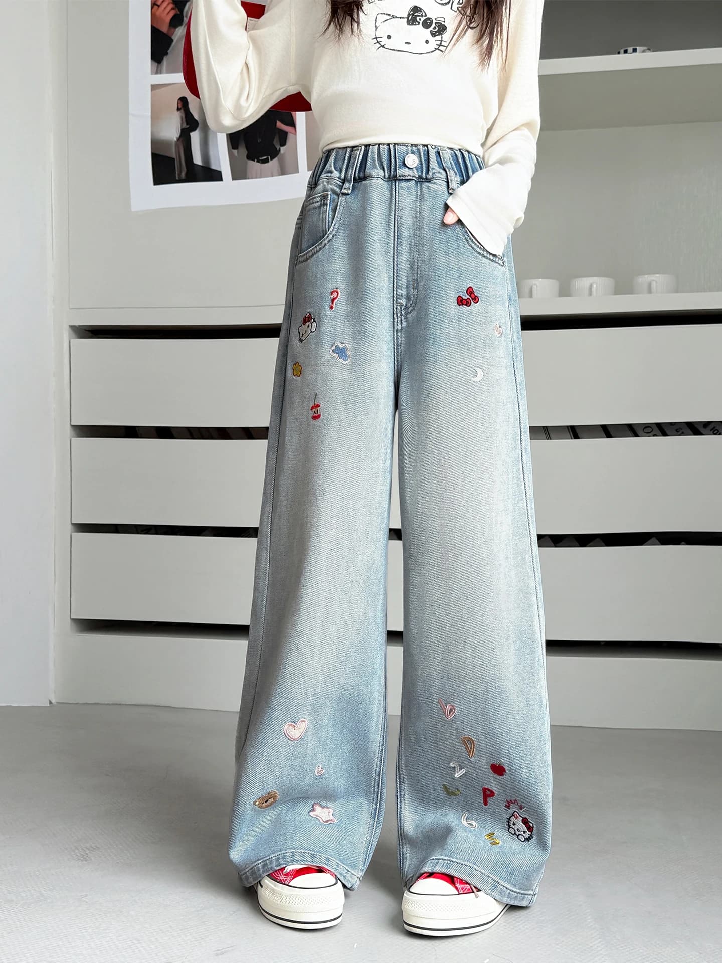 Jeans a gamba larga con ricami Spring Faion per ragazze delle scuole primarie e medie, comodi, traspiranti, con vita elastica