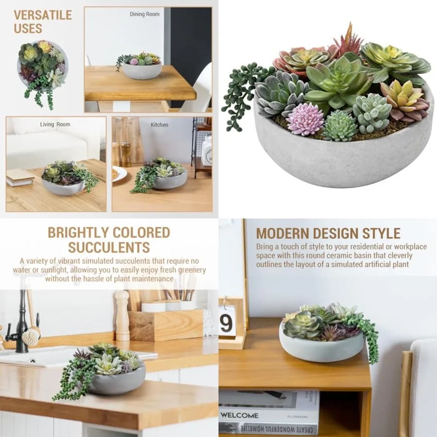 Composizione di Piante Grasse Artificiali Moderne in Vaso di Cemento Grigio da 8 Pollici, Assortimento di Mini Piante Grasse Finte in Decorazione