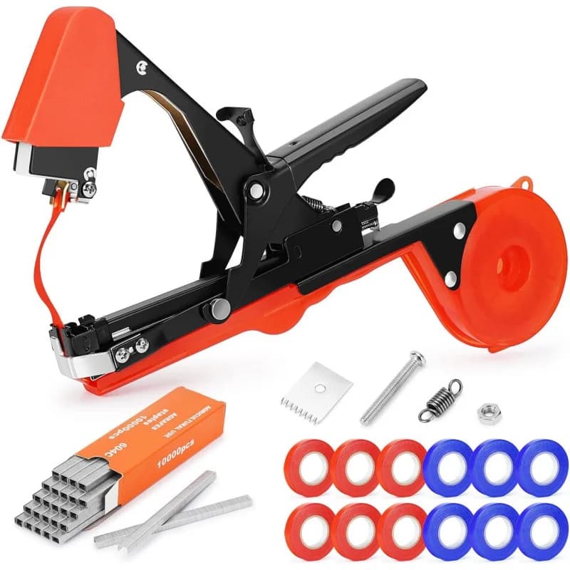 Pistola Legatrice Manuale per Piante, Strumento per Legare Rami da Giardino con 12 Rotoli di Nastro, Graffette e Lama per Viti, Pomodori, Verdure, Giardino, Rosso