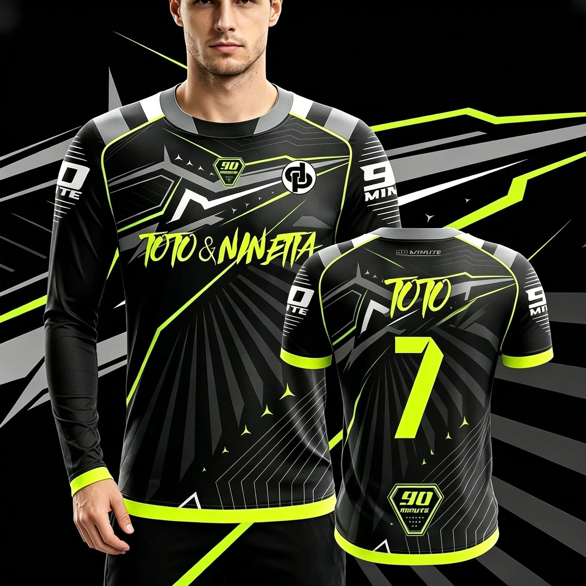 T-shirt a maniche lunghe stampata stile e-sport da uomo, top sportivo a tema gaming, con motivo digitale alla moda, per uso quotidiano casual