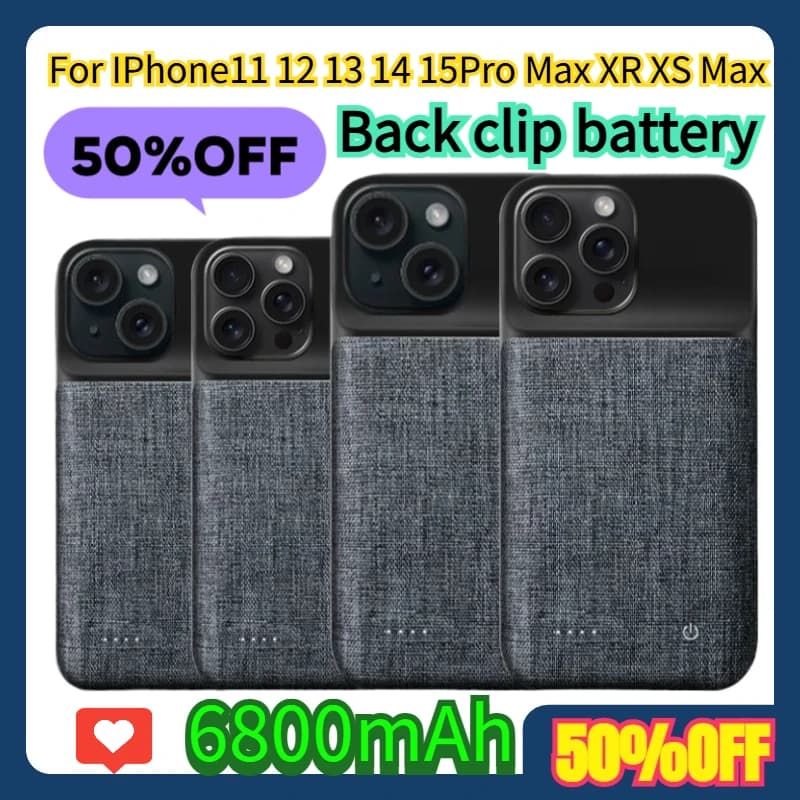 Per iPhone 11 12 13 14 15 Pro Max XR XS Max Mini, Power Bank Portatile con Clip Posteriore, Cover Batteria da 6800mAh, Custodia Caricabatterie