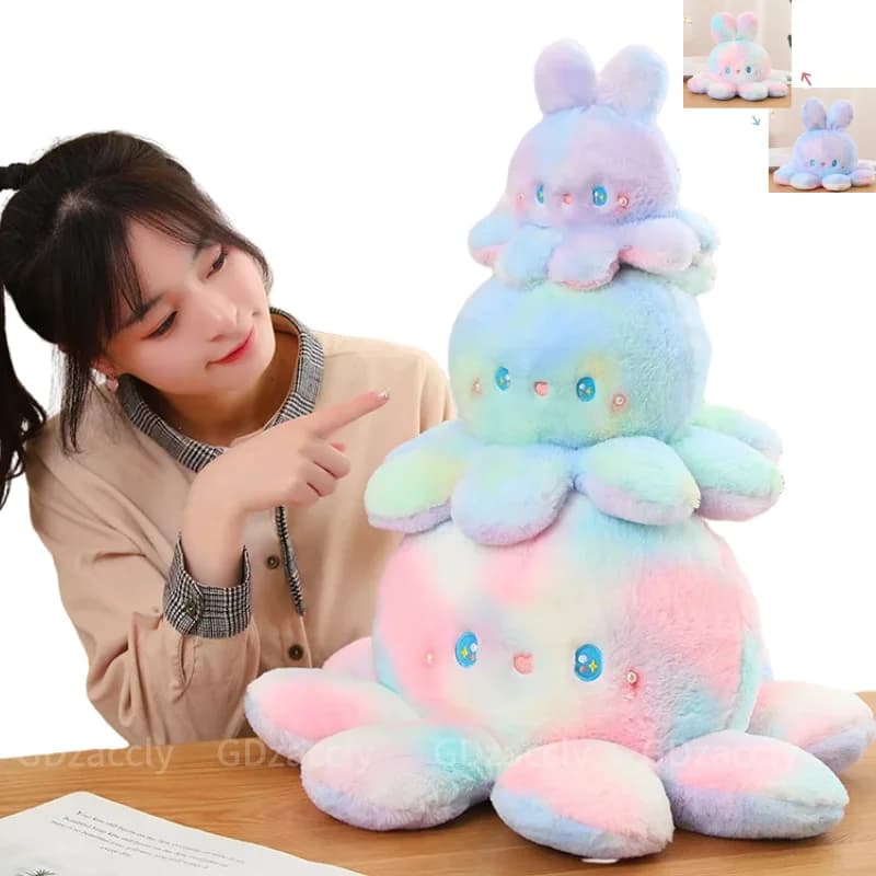 Kawaii Peluche Flip arcobaleno Cosplay coniglietto polpo Peluche doppio lato reversibile coniglio Peluche bambola coccolosa