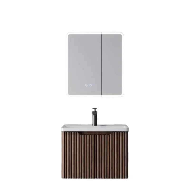 Wall Mounted Walnut Solid Wood Bathroom Vanity with Ceramic Integrated Basin and Mirror Cabinet Combo for Modern Bath