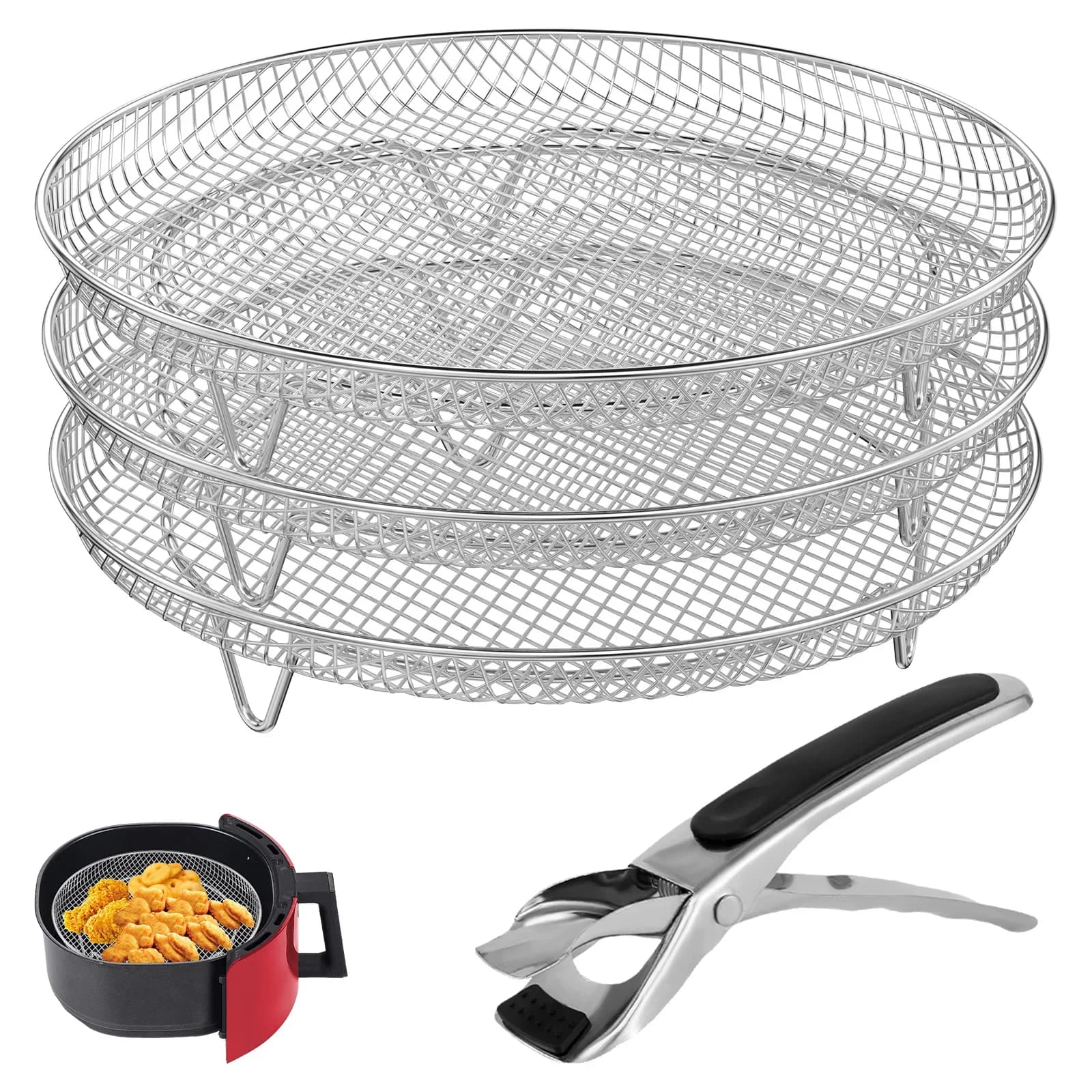 3 Level Stainless Steel Air Fryer Grill, Uniform Heating Air Fryer Holder, Stackable Oven Basket, Grill Grill, Oven Tools