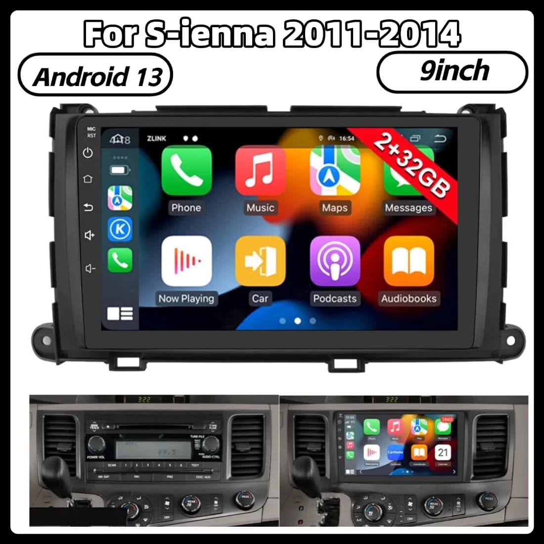 9in 2+32G Android 13 Car Stereo Radio GPS Navigation For Toyota Sienna 2011-2014 For Carplay Android Auto Car Screen Bluetooth