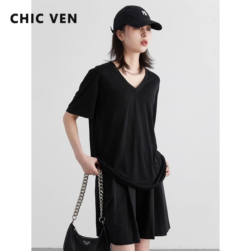 CHIC VEN T-shirt da donna allentate casual solide nuove magliette femminili di base top a maniche corte per ragazza donna abbigliamento estate 2025