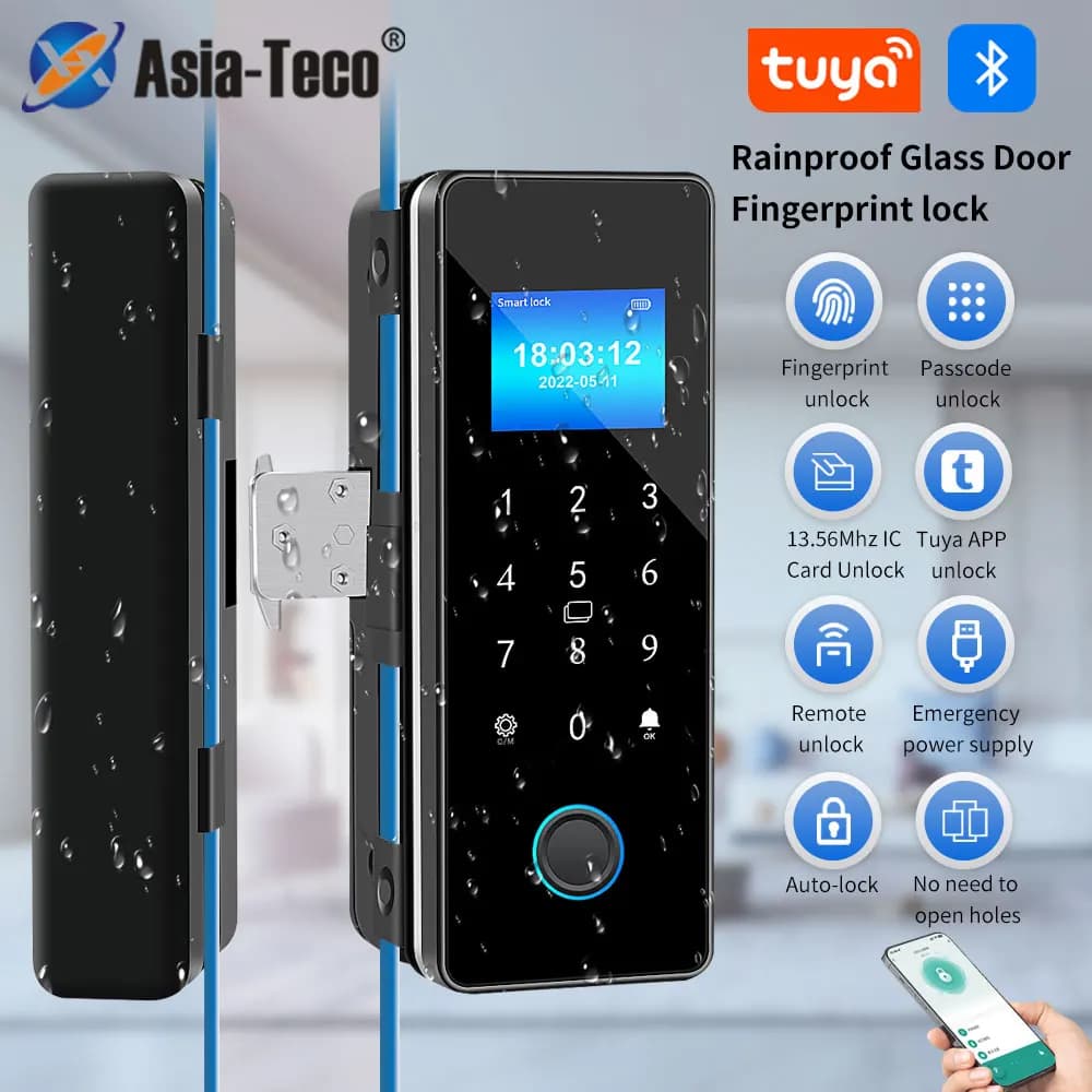 IP54 impermeabile Tuya Bluetooth Smart Door Lock Fingerprint Electronic Rim Lock per supporto per porta in vetro sblocco App telecomando