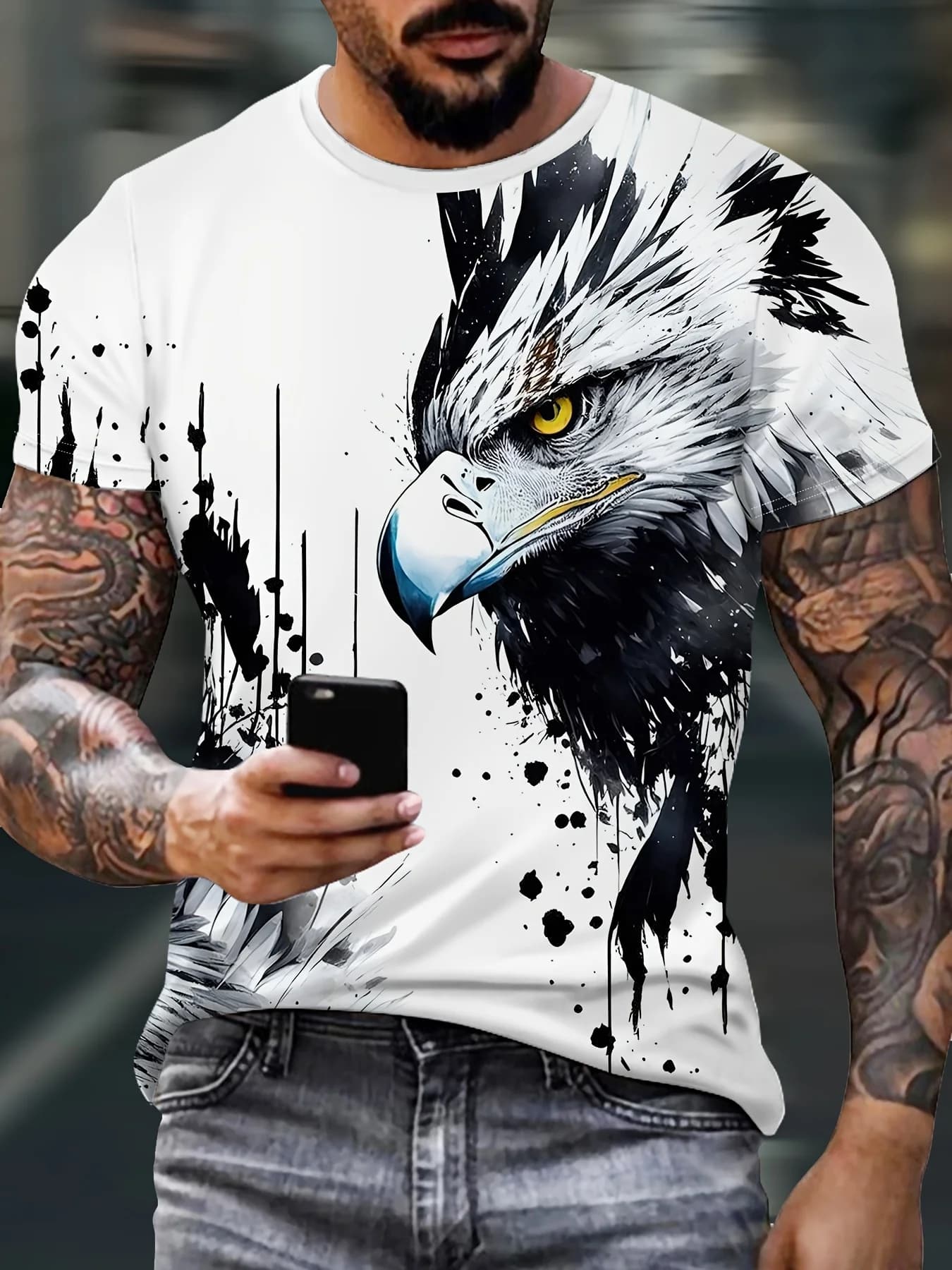 Men's Ink Splash Bald Eagle T-Shirt White Watercolor Graphic Crew Neck Short Sleeve Casual Top
