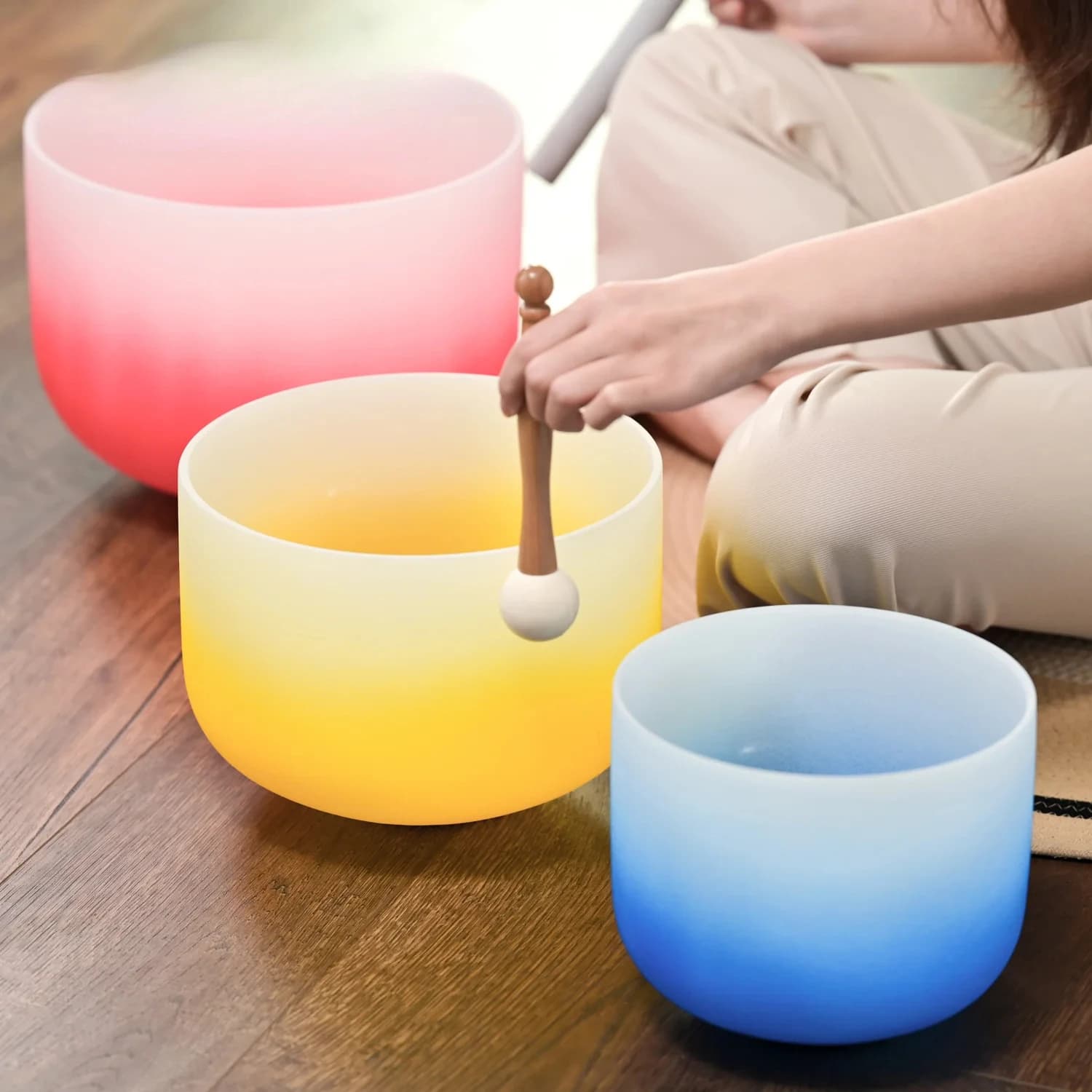 8"G+10"E+12"C Aria Colored Frosted Quartz Crystal Singing Bowls 3 Chakra Set for sound healing instrument with Carry Bag