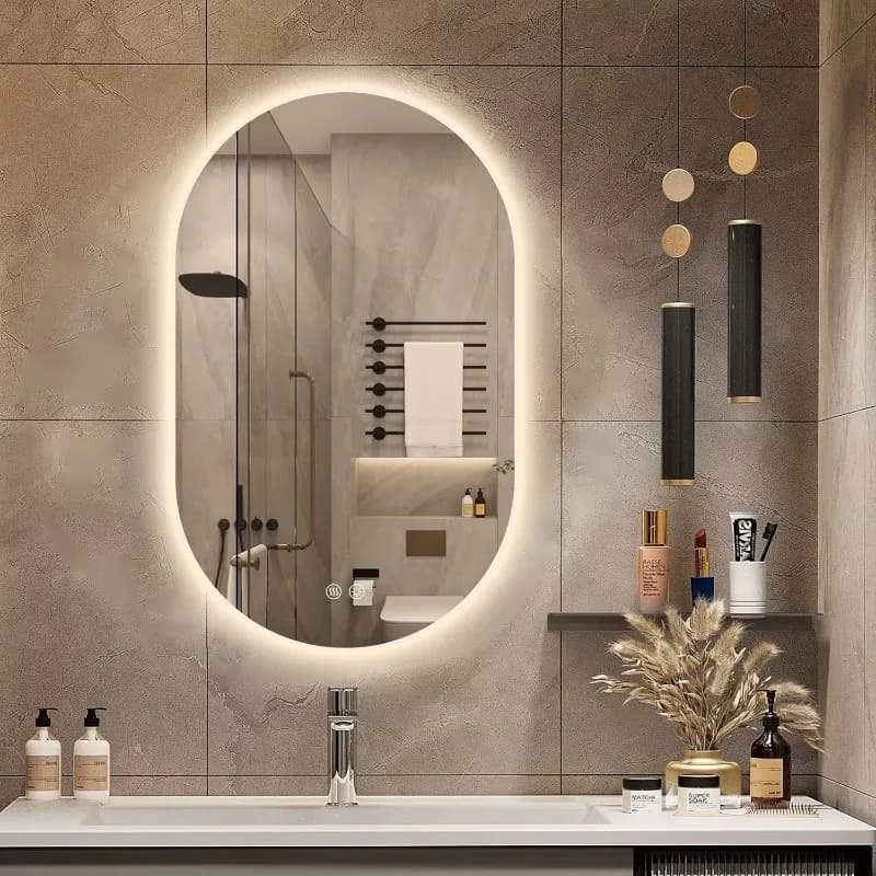 Specchio retroilluminato a LED senza cornice ad arco per bagno e camera da letto con memoria