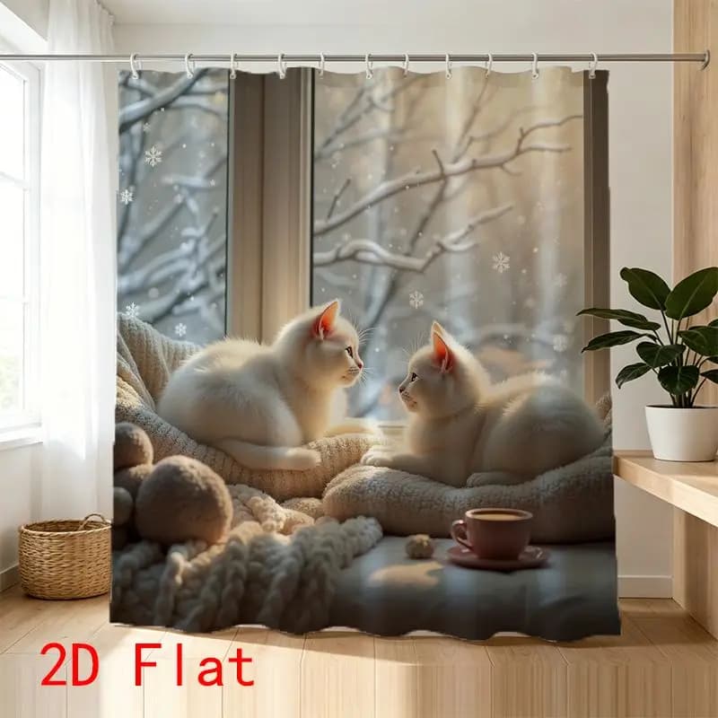 Cute Kitten Snow Scene Shower Curtain Waterproof Bath Decor Winter Aesthetic Liner for Bathroom Kids Girls Gift