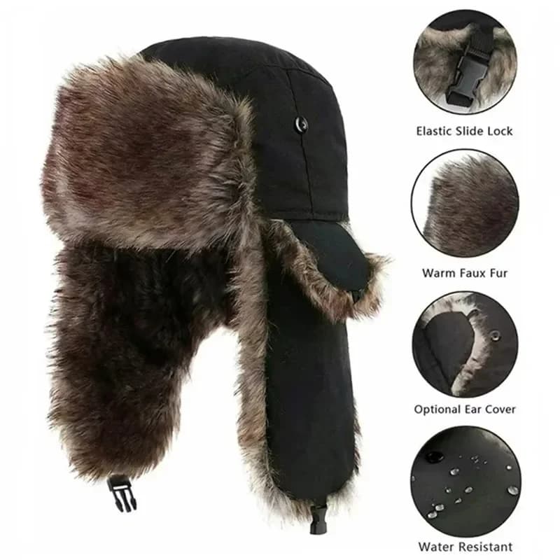 Cappello da aviatore invernale da uomo Cappello colbacco stile militare con paraorecchie Cappello militare antivento con design in pelliccia russa per pilota della stagione fredda