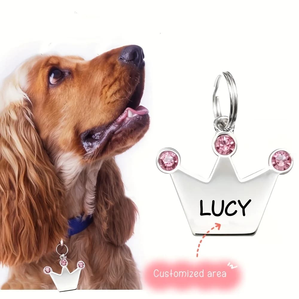 Etichetta identificativa per animali domestici personalizzabile da 1 pezzo con corona rosa e strass - Ciondolo per collare per cani e gatti in lega di zinco, targhetta per cani personalizzata incisa