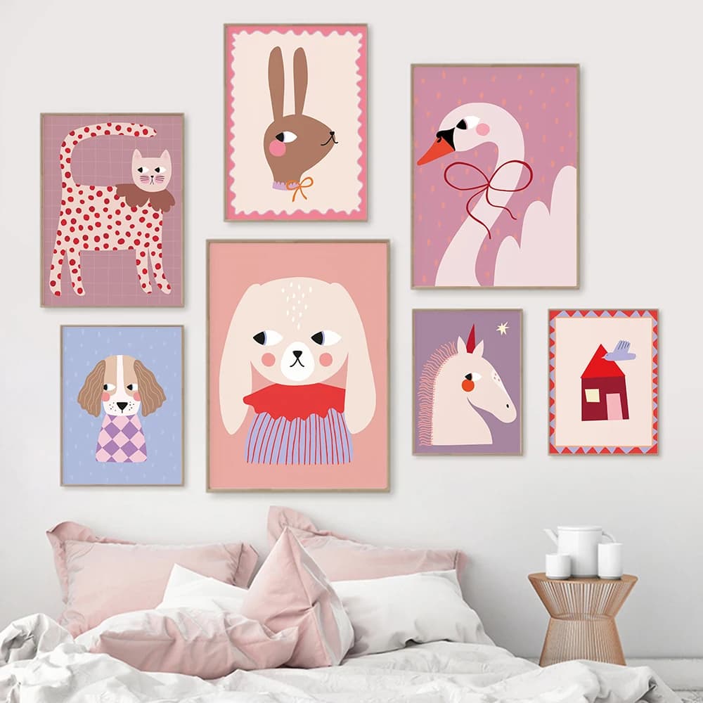 1 pz Quadro su tela senza cornice con animali divertenti: Coniglio, Cane, Gatto, Cigno, Unicorno, Cavallo - Stampe e Poster da parete per cameretta, Viola