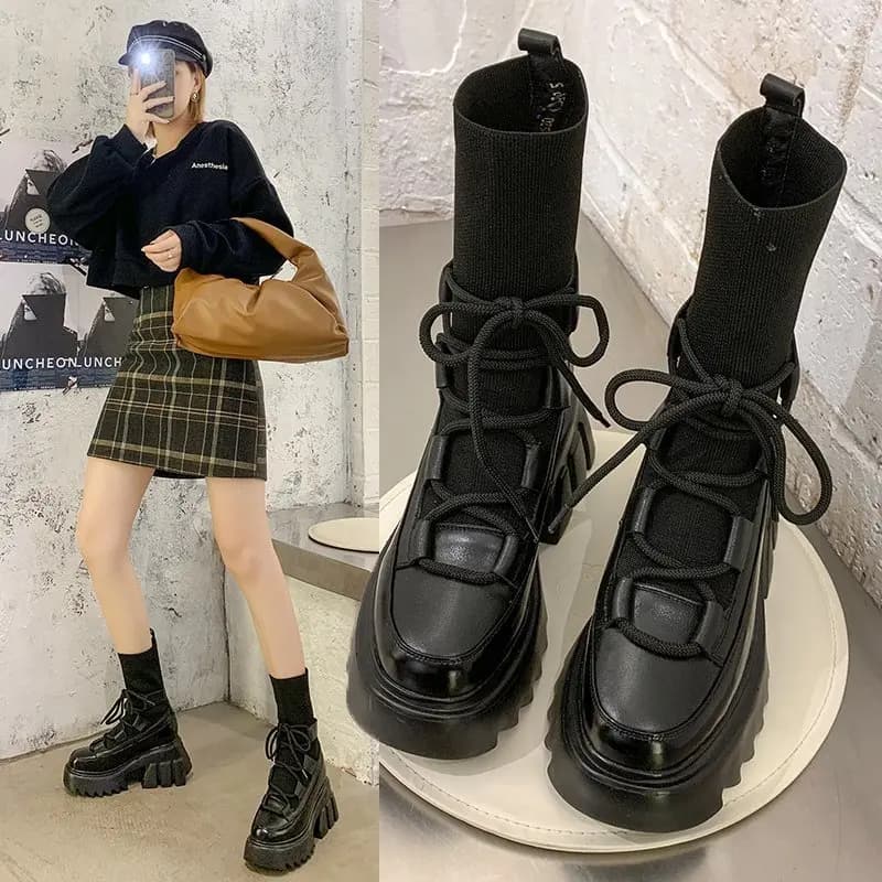 Height Increasing Women's High Boots Leather Thick Bottom Platform Shoes Women Lace up Punk Short Boots Chunky Stretch Boot