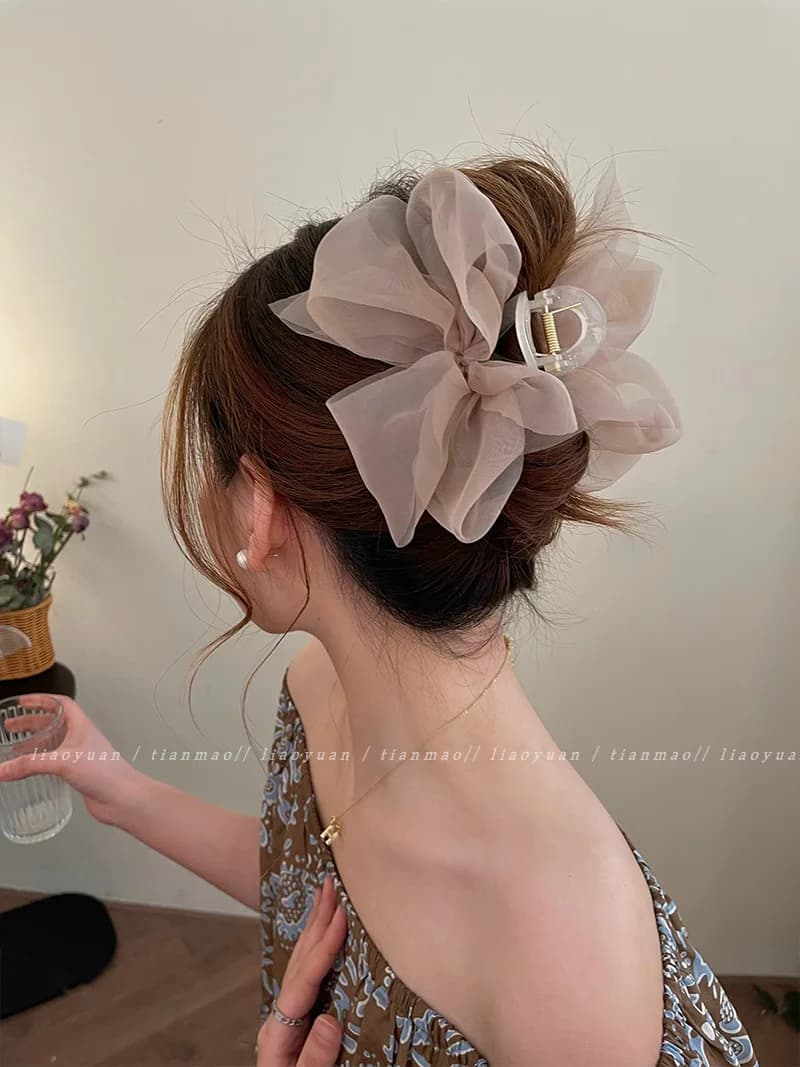Corea Dolce Maglia Tulle Grande Arco Artiglio Dei Capelli Pinze per Le Donne Bianco Nero Bowknot Morsetto Per Capelli Tornante Copricapo Accessori Clip di Squalo