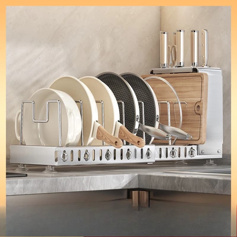 Portautensili da Cucina, Portacoltelli, in Acciaio Inossidabile, Dispositivo di Stoccaggio Estensibile per Taglieri, Coperchi e Scolapiatti