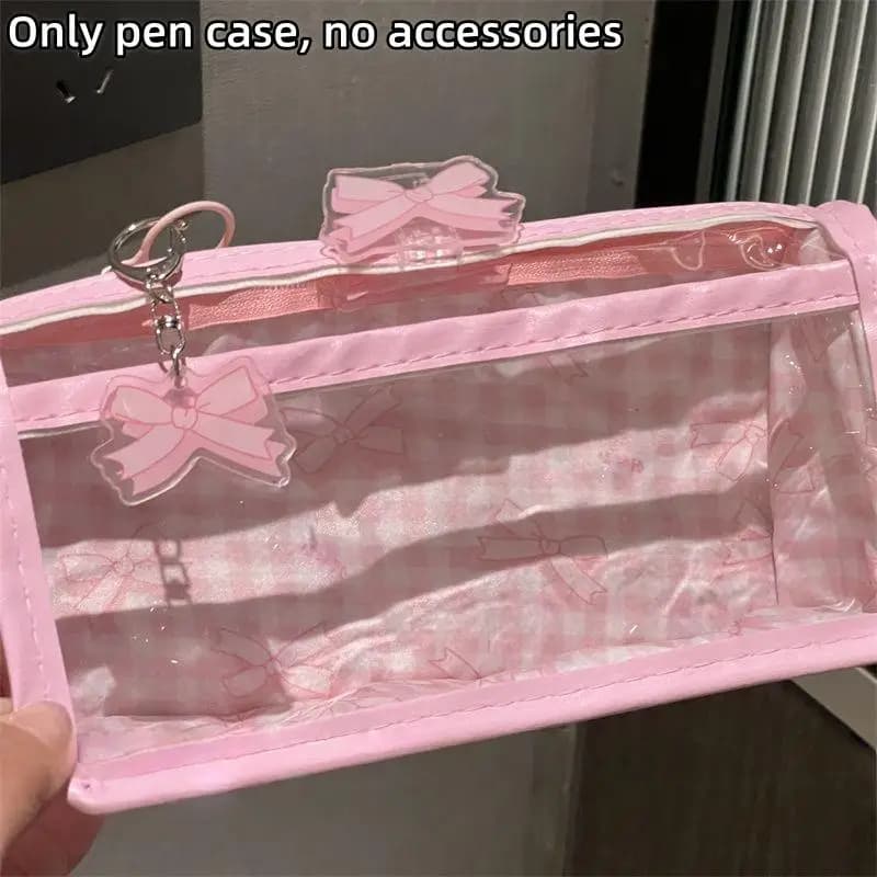 1Pc Sweet Bow Zipper Transparent Pencil Case Box Student Stationery Storage Bag Large Capacity Makeup Bag Cartoon Zipper Pen Bag