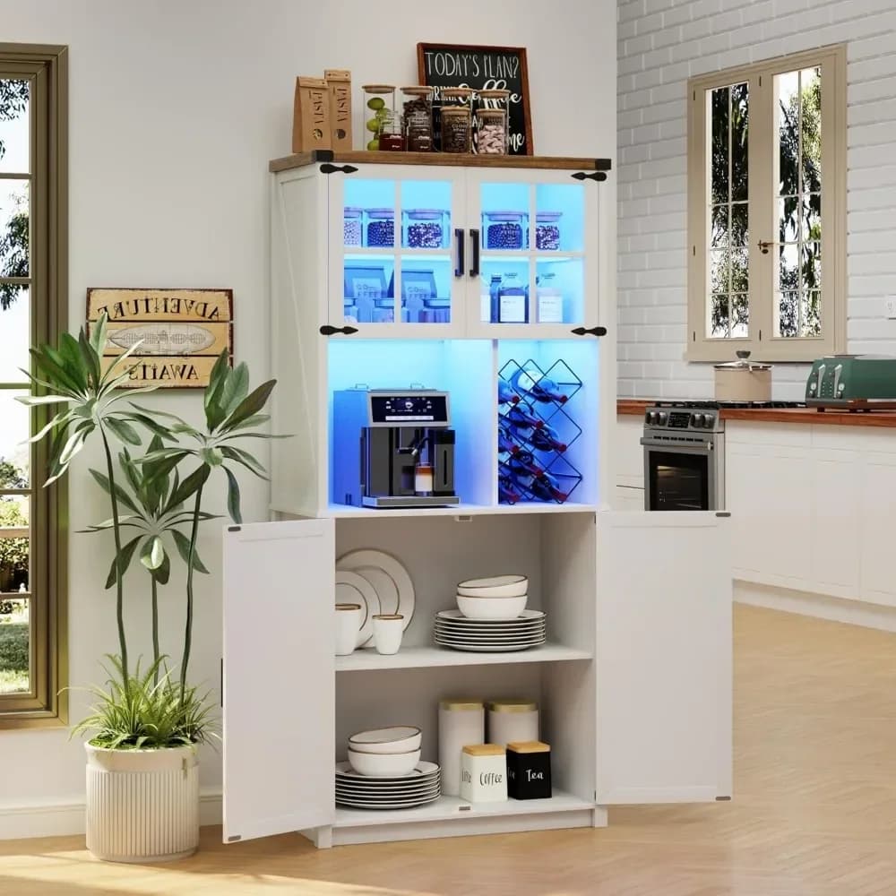 Per armadietto con luce a LED, armadietti per liquori alti 68 pollici con supporto per bicchieri da vino, grande gabbia da cucina con ante e contenitori
