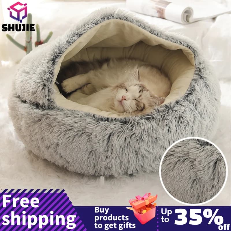 Winter Long plush Pet Cat Bed Round Cat Cushion Cat House 2 In 1 Warm Dog Basket Cat Sleep Bag Cat Nest Kennel for small dogs Cat