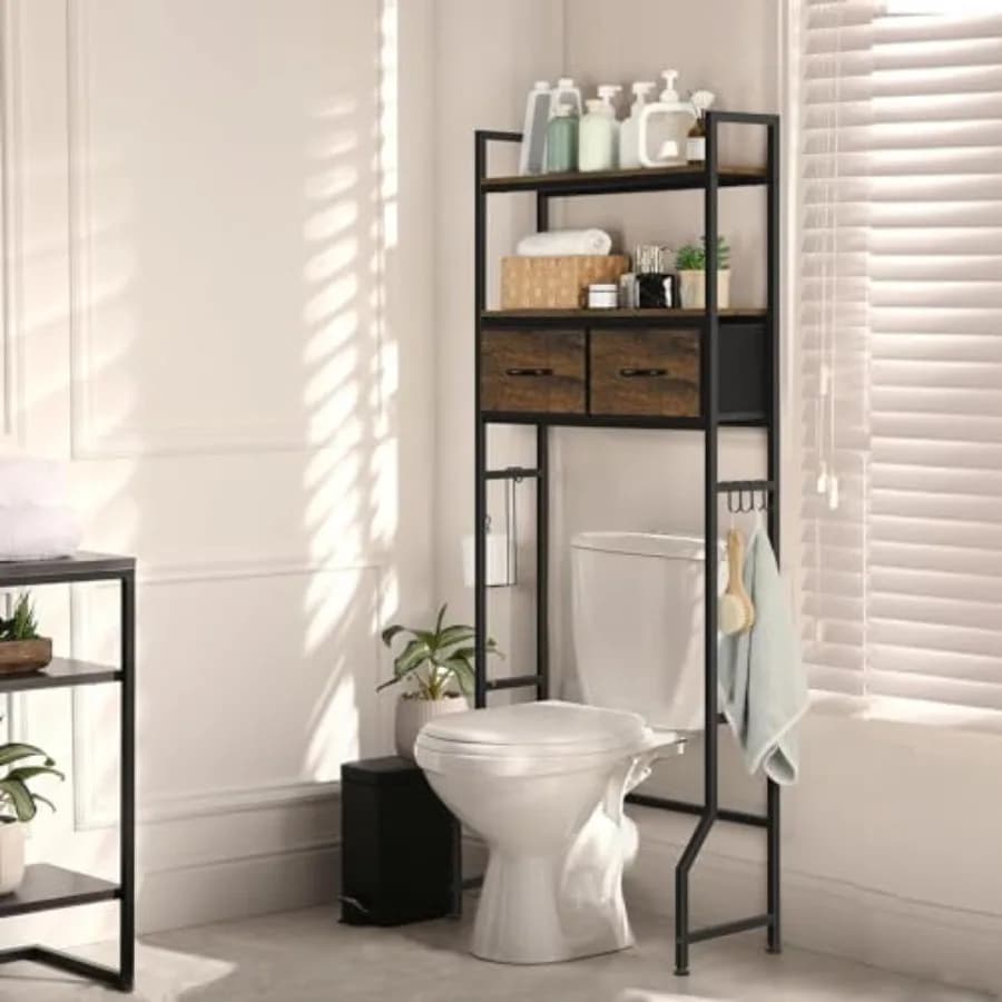 Mobiletto Sopra WC con Cassetti in Tessuto, Organizzatore per Bagno, Marrone Rustico, Adatto alla Maggior Parte dei WC