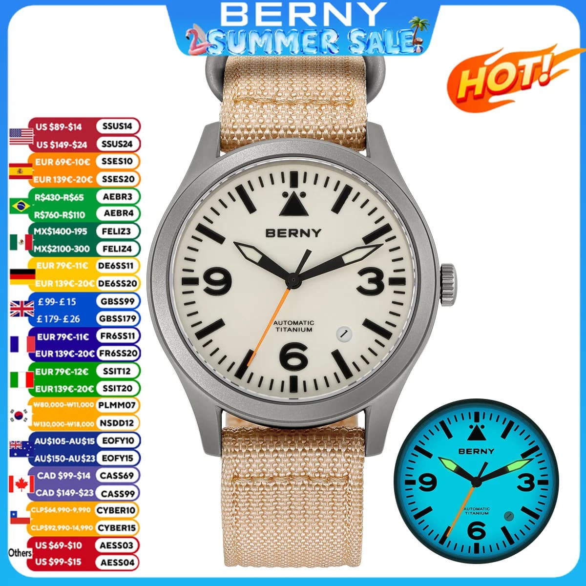 BERNY Orologio da Polso Meccanico da Aviatore per Uomo, Vetro Zaffiro con Rivestimento AR, Super Luminoso, 10 Bar, Orologio Sportivo in Titanio