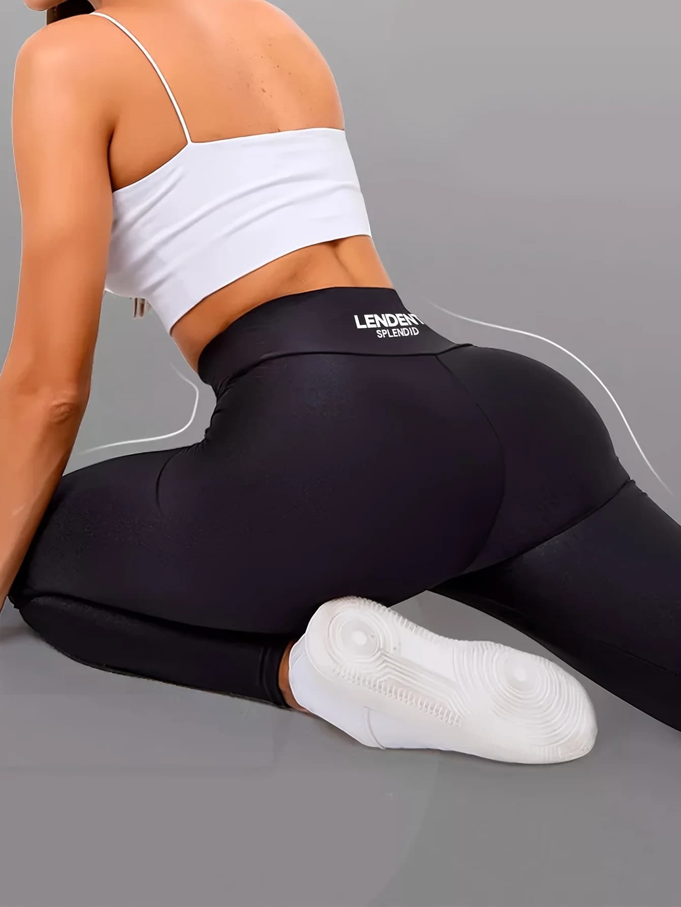 Pantaloni con base elastica lucida a vita alta eleganti primaverili ed estivi con design a lettere sulla vita posteriore e fondo svasato