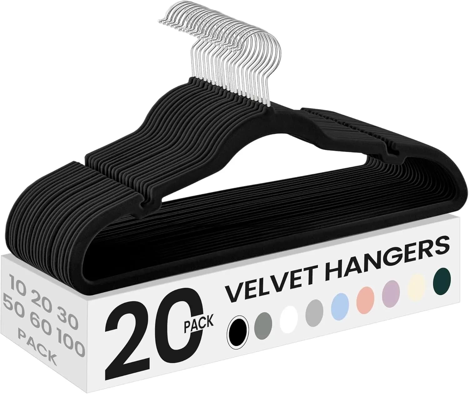 Velvet Hangers 20 Pack, Non-Slip Clothes Hangers with Shoulder Notches, Pants Bar, 360° Swivel Hook, Space-Saving, for Closet, Ink Black UCRF029B02