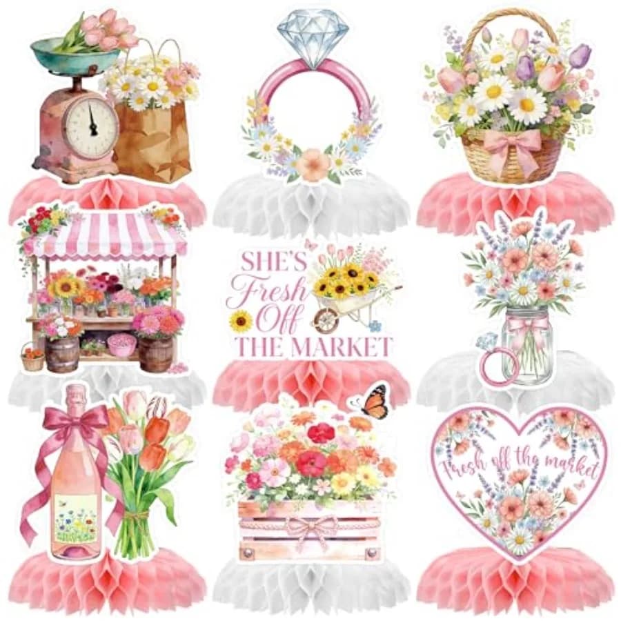 9 Pcs Fresh Off the Market Bridal Shower Party Centerpieces, Watercolor Flower Cart Ring Bottle Honeycomb Centerpieces, Bride t