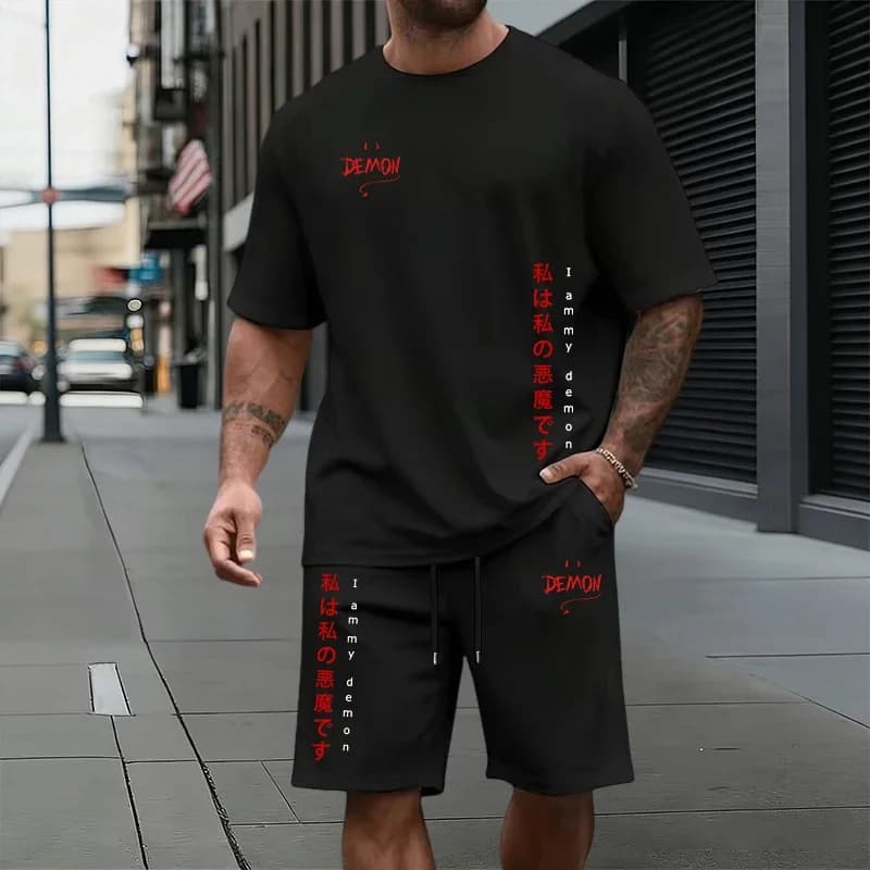 Summer Daily Casual Sports Jogger Suit Home Outdoor Outfits Demon Letter Pattern Men's Set Cotton T-shirt and Knee-length Shorts