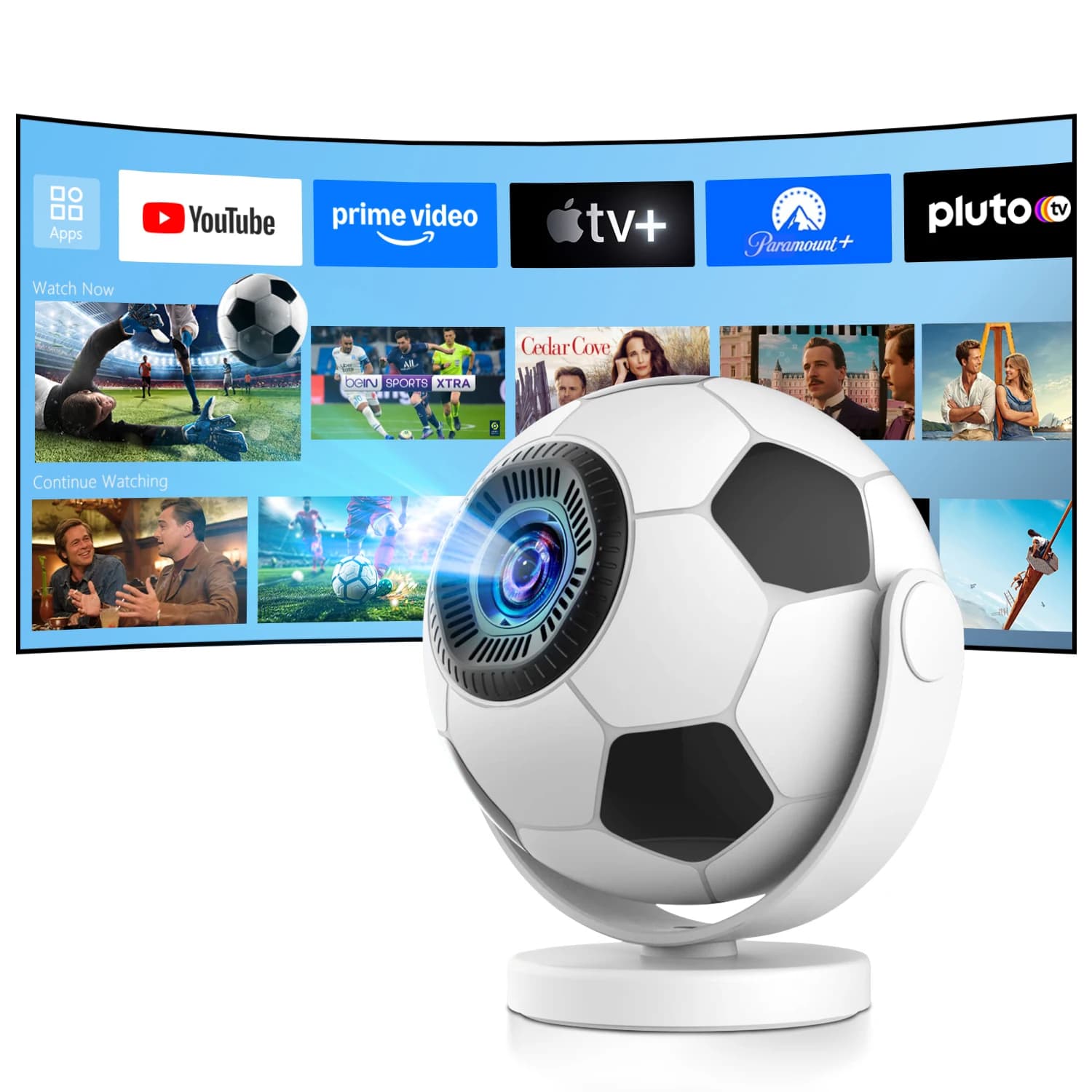 Proiettore Smart a Forma di Pallone da Calcio con 5G WiFi6 Bluetooth5.4 Android 14, Mini Proiettore 4K per Home Cinema, TV Portatile a Forma di Pallone