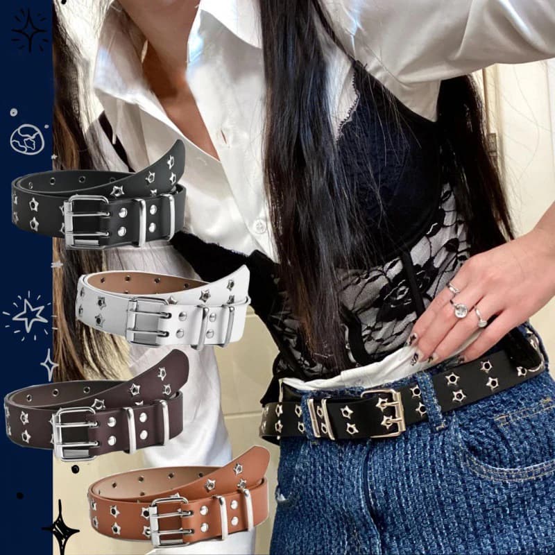 Fashion Men Women Punk Style Chain Belt Adjustable Hollow Star Double Breasted Buckle Metal Buckle Leather Jeans WaistbandHot