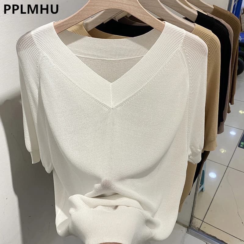 Estate Maglia di Seta del Ghiaccio Magliette e camicette Delle Donne Casual Allentato Con Scollo A V Sottile Maglieria T-Shirt Nuovo Grande Formato 4xl Coreano Manica Corta Pullover Tee