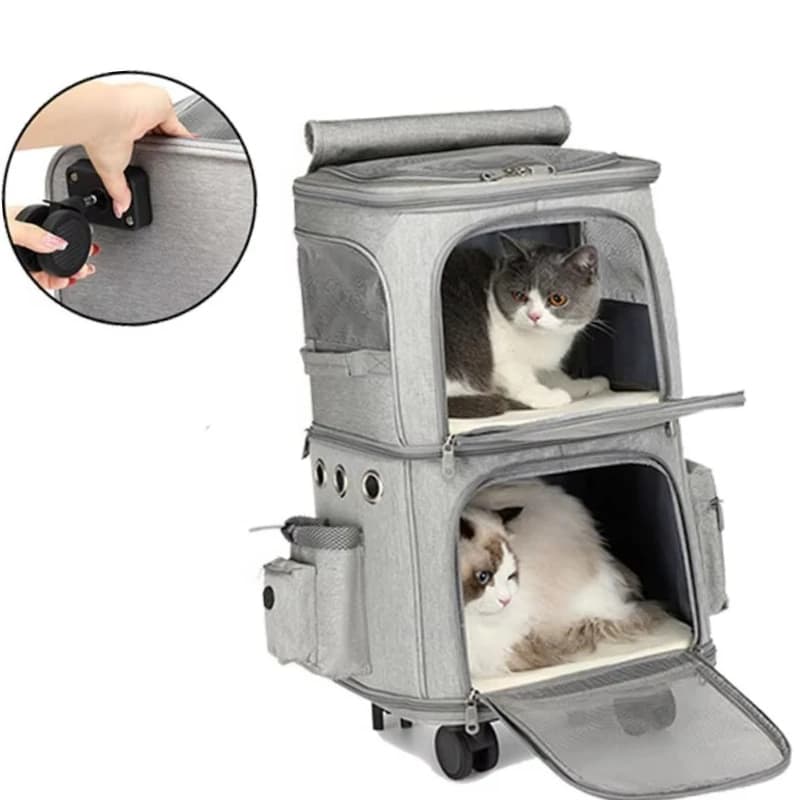 Trasportini per animali domestici a doppio scomparto Valigia per animali pieghevole portatile staccabile per 2 gatti da viaggio con ruote rotanti