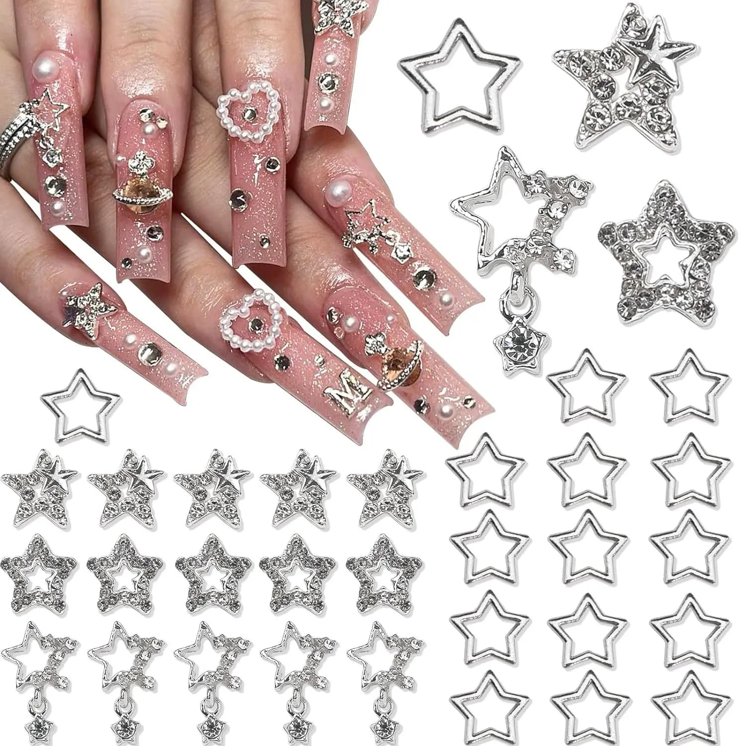 30PCS Star Nail Charms Lega 3D Nail Art Charms 4 Stili Stelle d'argento Nail Strass Pentagramma di cristallo Gemme per unghie per artigianato fai da te