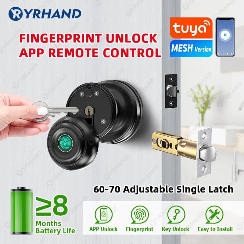 Manopola rotonda Tuya Bluetooth Smart Lock facile da installare serratura biometrica digitale elettronica cilindrica per Smart Home