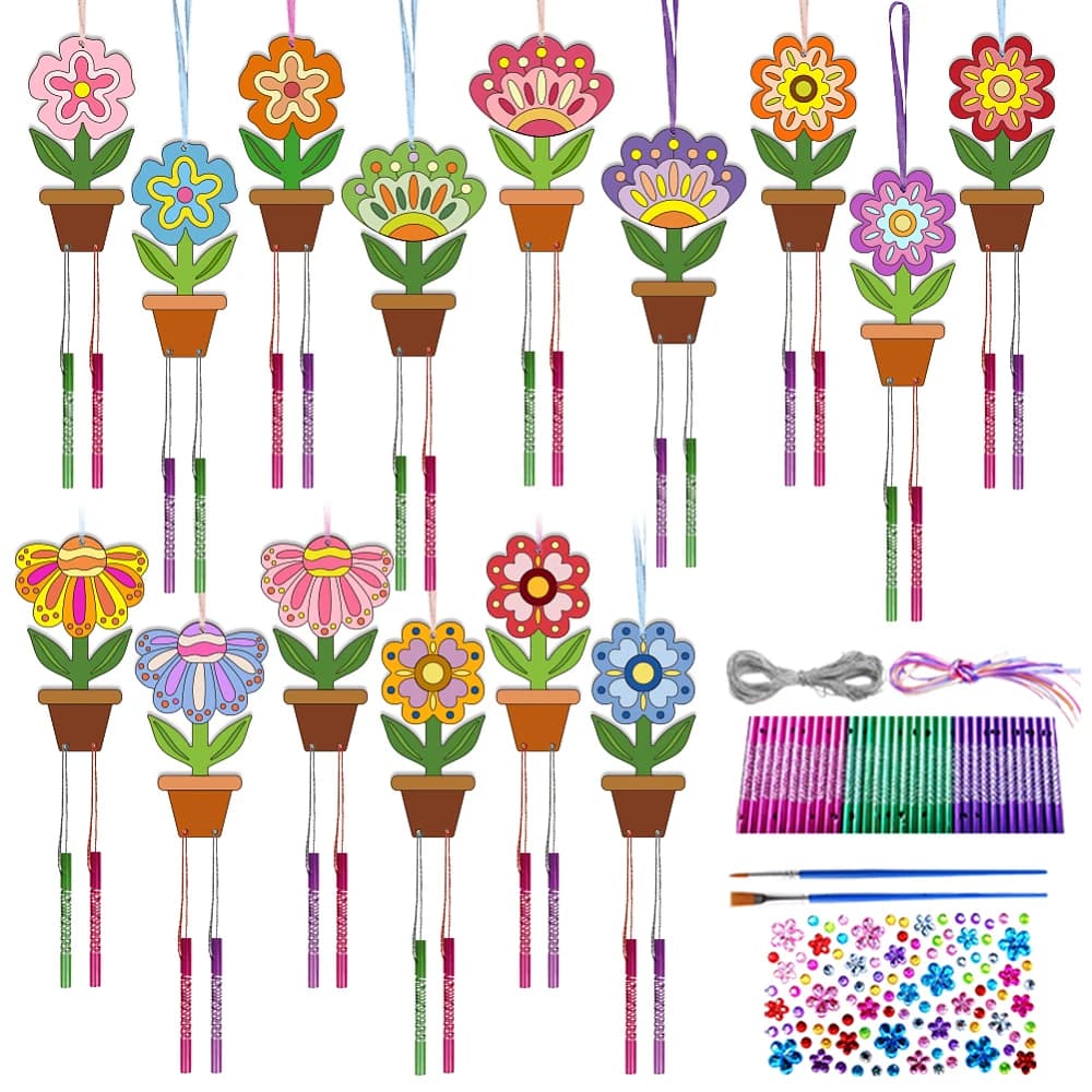 15PCS Flowerpot Wind Chime Kit Flower Painting Wooden Hanging Wind Chime for DIY Craft Art Activities Birthday Decorations