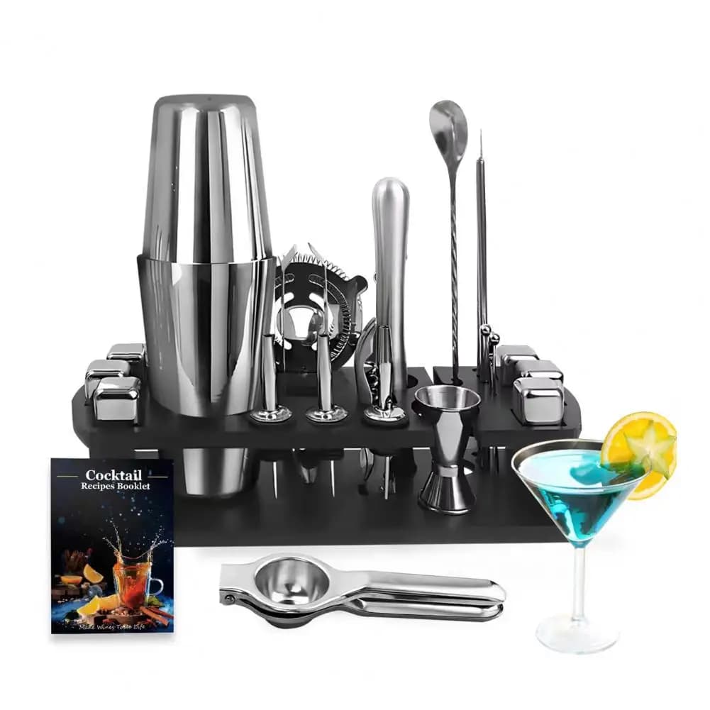 Set di shaker per cocktail in acciaio inossidabile da 23 pezzi con supporto per la miscelazione di bevande, shaker per Martini, jigger, colino, miscelatore, cucchiaio, pinze, apri