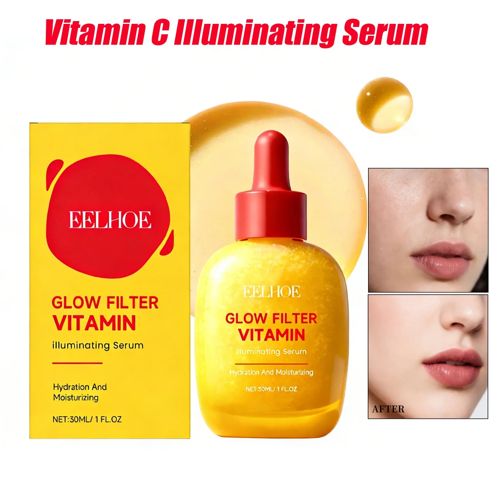 Siero Illuminante alla Vitamina C, Siero Viso Idratante e Uniformante, Lenisce la Secchezza, Essenza Luminosa per Cura Quotidiana della Pelle