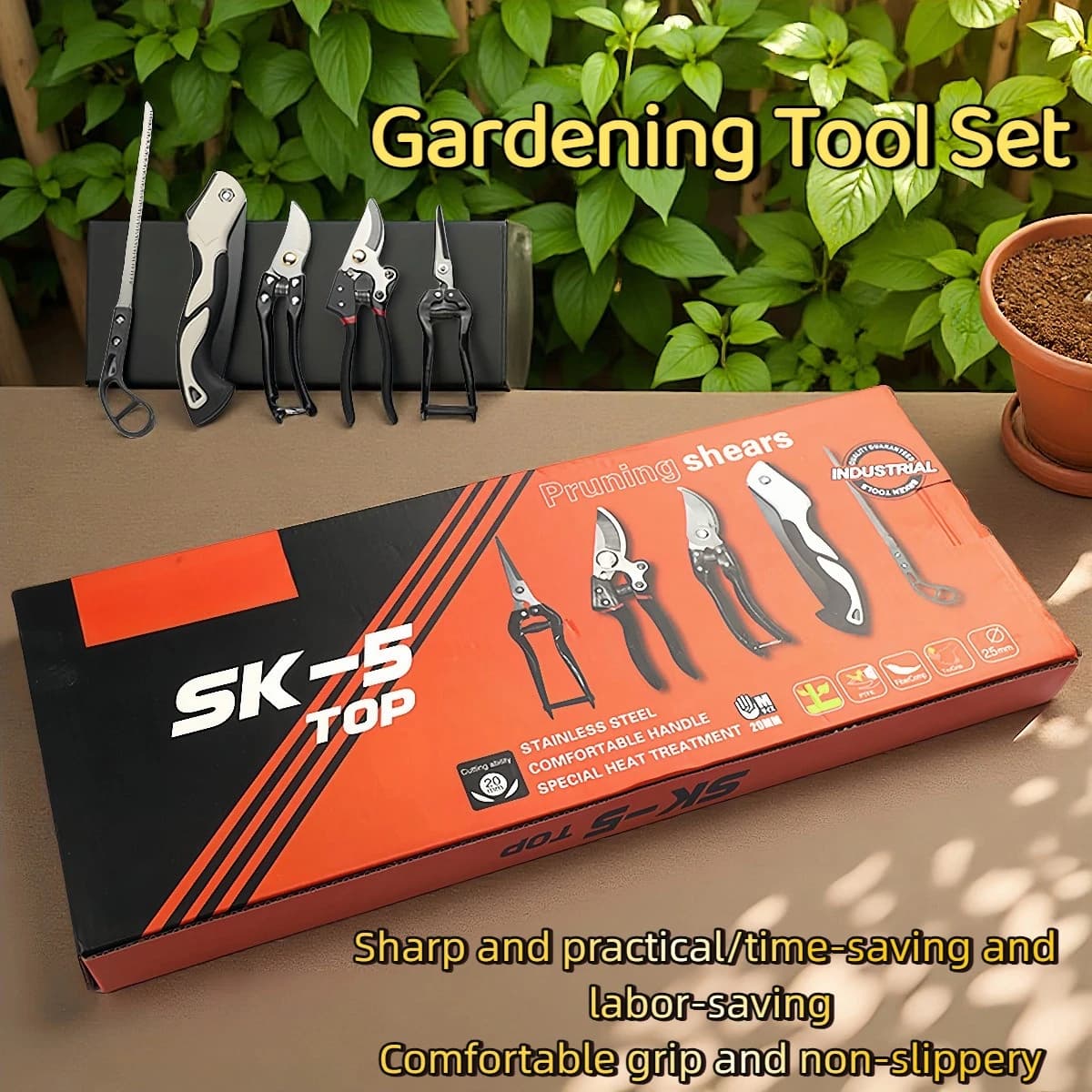 Gardening set in five pieces, flower planting kit, toolbox, decoration, pruning shears, folding saw