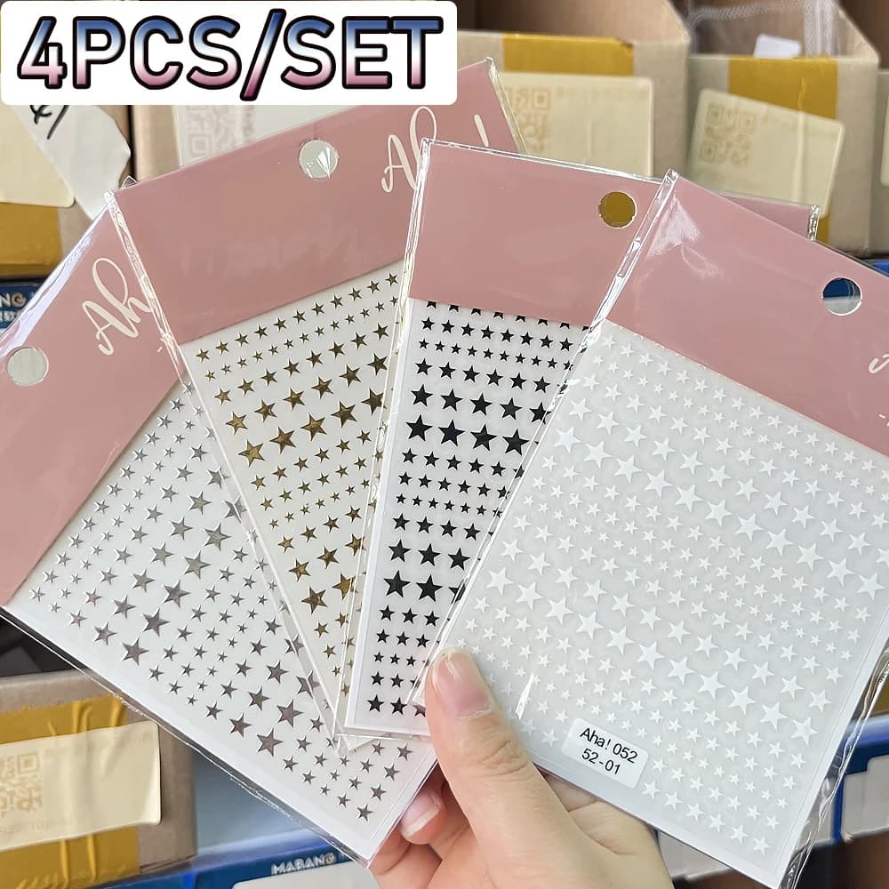 4 pezzi 3D formati misti stella a cinque punte adesivi per nail art oro argento nero bianco lampeggiante stella Starburst decalcomania per unghie premere sull'unghia