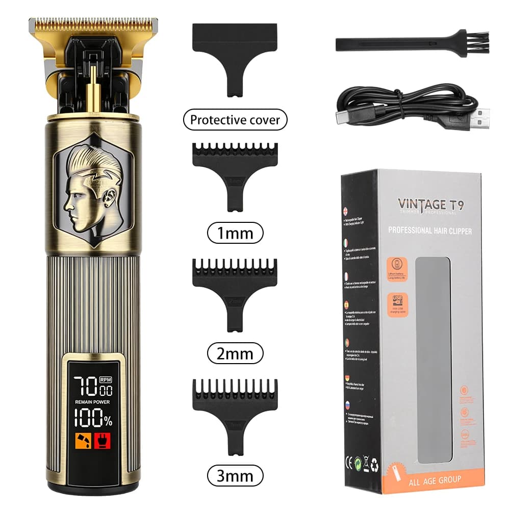 Vintage T9 LCD Haircuts USB Rechargeable, Adjustbarba with 0mm Blades and Pettini 1/2/3mm Guide for Man, Salon and Home