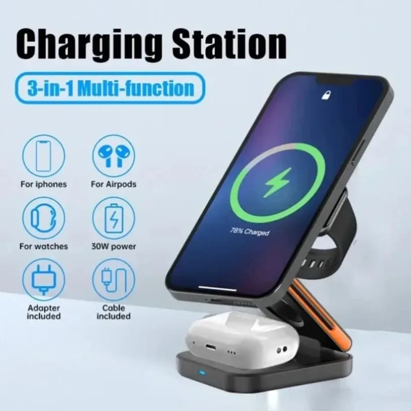 15W Fast Magnetic Wireless Charging Station 3 In 1 Foldable Stand For MagSafe iPhone 17 16 15 14 13 12 Apple Watch AirPods