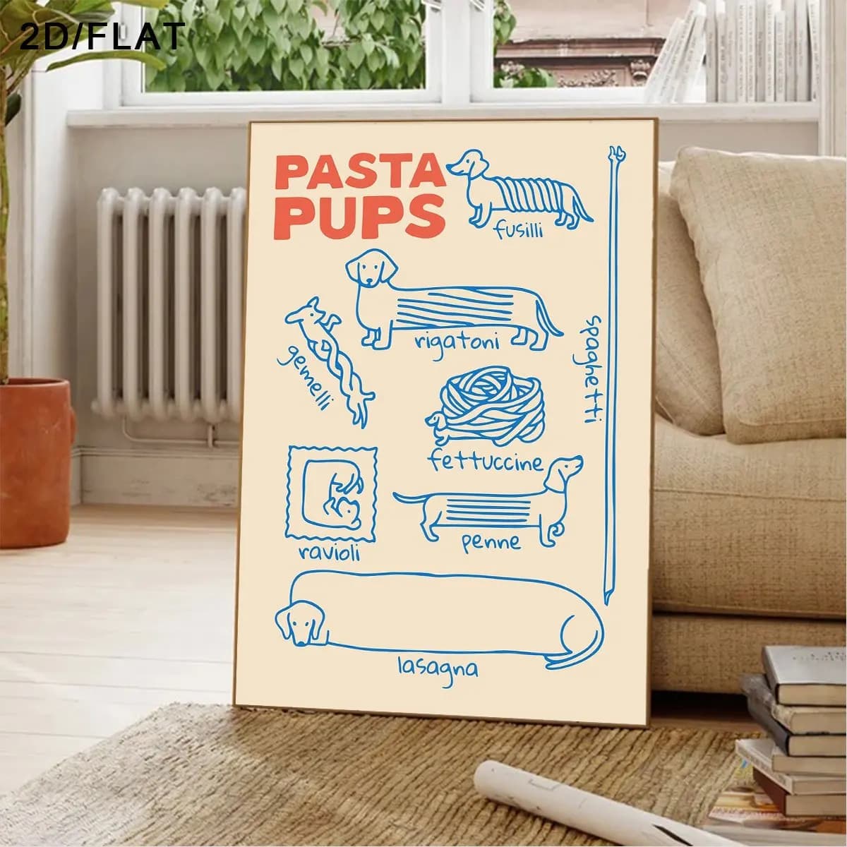 Italian-Themed Pasta-Shaped Dog Wall Art Poster - Frameless Modern Beige Poster for Kitchen and Living Room Decortions Gifts