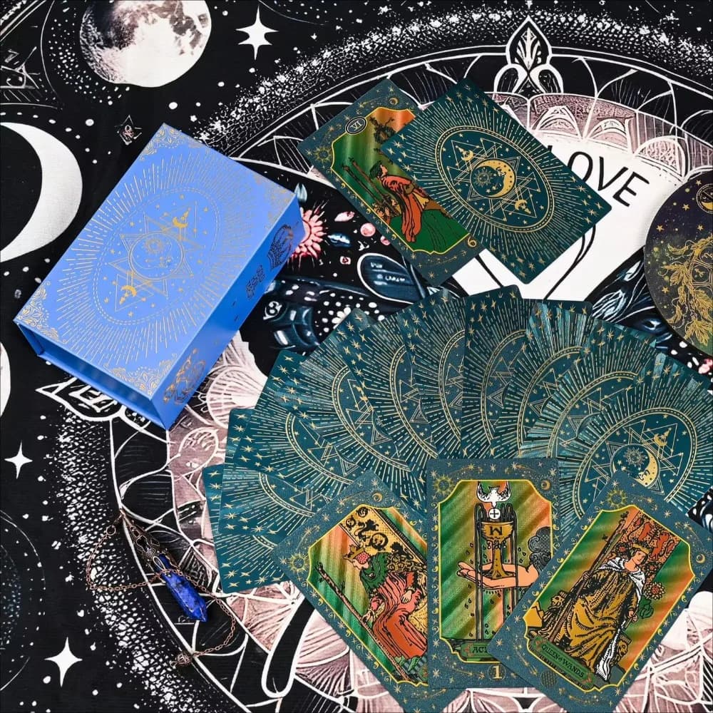 Carte dei tarocchi Blue Moon Smith impermeabili in lamina d'oro da 12 * 7 cm - Mazzo di divinazione da 78 pezzi con finitura metallica, design mistico