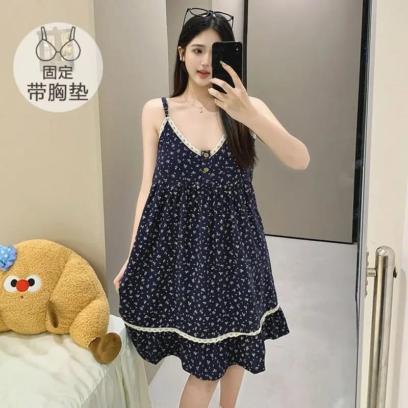 Camicia da notte coreana con stampa floreale, imbottitura sul petto, estiva, senza maniche, vestito pigiama ampio, senza reggiseno, con volant, abbigliamento da casa