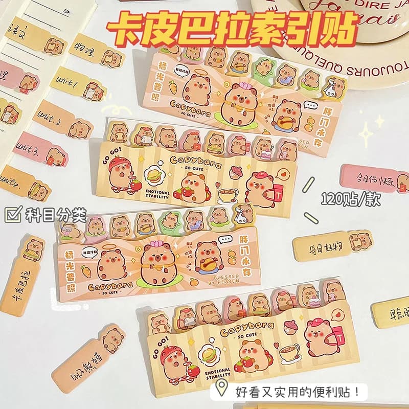 120 pz Cartoon Capybara Schede Indice Segnapagina autoadesivi Note adesive Classificare file Bandiere Pubblicato Planner Adesivi Regali